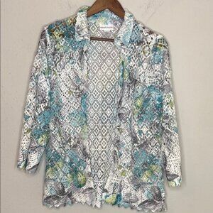 Alfred Dunner Women's Size S Blue, Green, White & Gray Crochet Cardigan